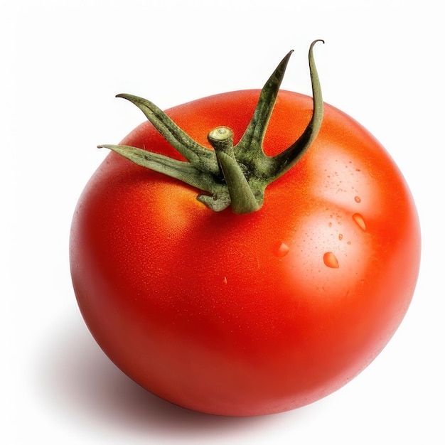 Une tomate rouge avec tige verte et tige verte.