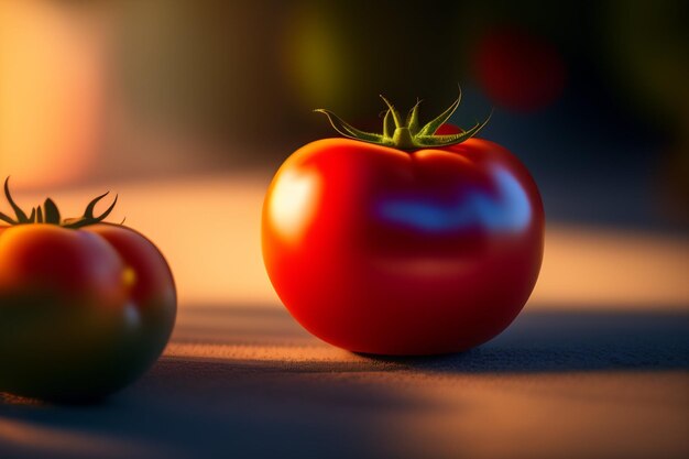 Une tomate sur une table avec une lumière en arrière-plan