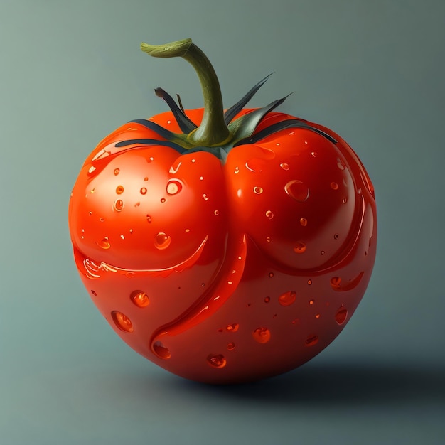 Une tomate avec une tige verte et le mot " dessus "