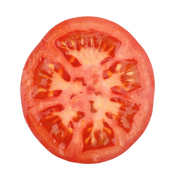 Tomate de village biologique naturelle sur fond blanc seule moitié tomate crue fond isolé chemin de détourage
