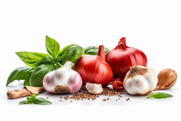 Tomates ail basilic et grains de poivre isolés sur fond blanc