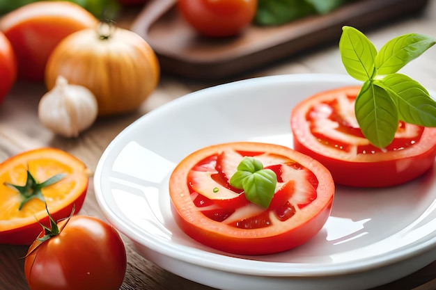 Tomates sur une assiette avec du basilic sur le côté