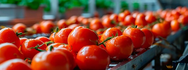 Photo tomates sur bande de production focus sélectif