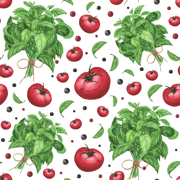 Tomates basilic frais poivre modèle sans couture sur blanc aquarelle dessin illustration Art pour la décoration