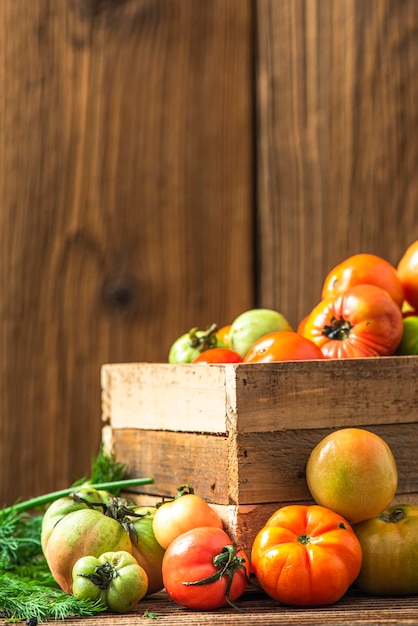 Tomates biologiques fraîches du marché dans une boîte en bois