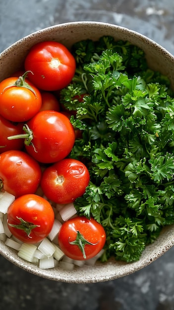 Photo tomates biologiques fraîches et persil dans un bol