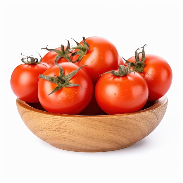 Tomates sur un bol en bois isolé sur un fond blanc