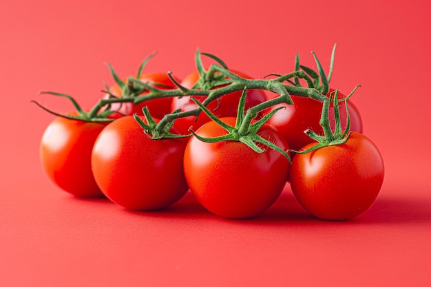 Tomates sur une branche sur un fond rouge Tomates juteuses mûres fraîches Fruits de cerises rouges Diète végétalienne Nourriture biologique saine Légumes Ingrédients de préparation de salade Vitamines de cuisine