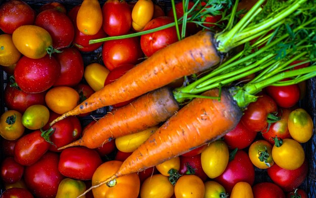 Tomates carottes sur la tableCarottes tomates juste cueillies dans le jardin sur planches de bois carottes tomates