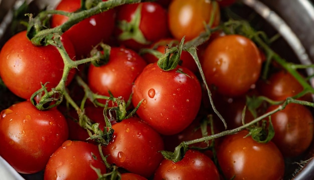Tomates à la cerise en métal, légumes rouges, aliments biologiques frais et naturels