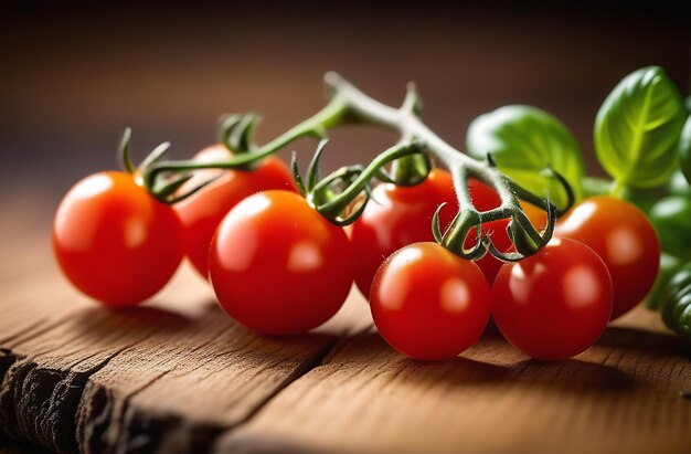 Photo tomates à la cerise sur planche de bois