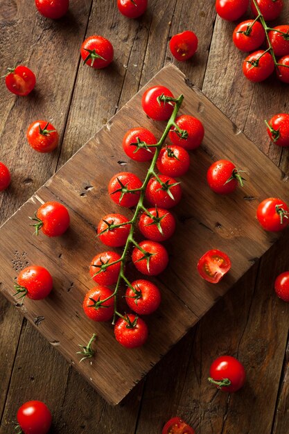 Les tomates de cerise rouge biologiques crues sur la vigne