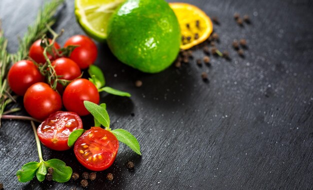 Tomates cerises sur fond noir. Copier l'espace