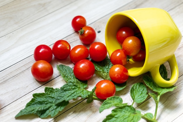 Tomates cerises sur fond de table en bois sombre lumière laisse