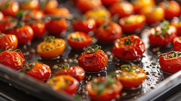 Tomates cerises rôties au four sur une feuille de cuisson