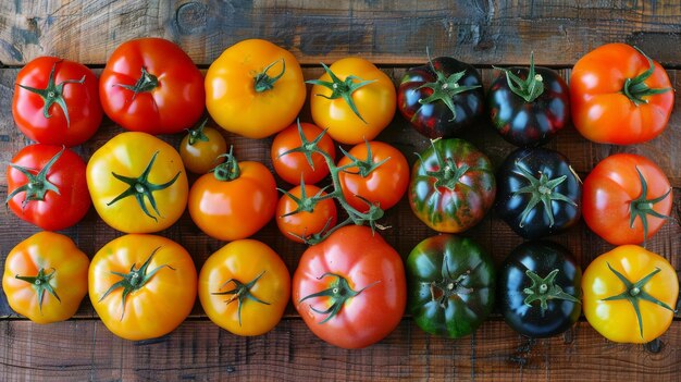 Photo des tomates colorées sur une surface en bois