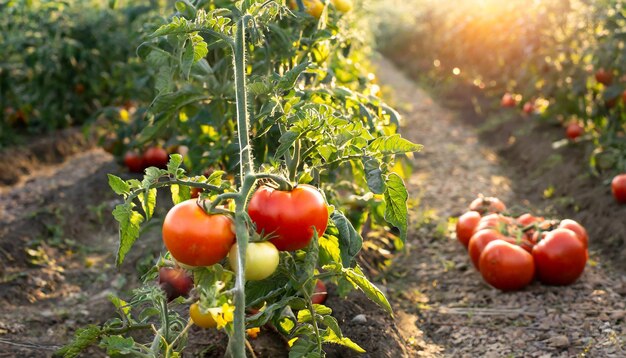 Photo tomates dans un champ où la lumière du soleil brille
