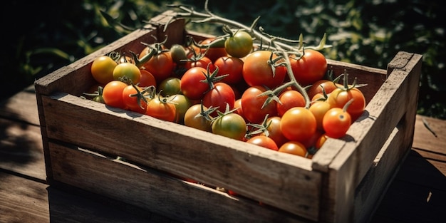 Tomates dans le jardin de caisses en bois