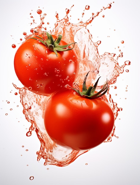 Photo tomates avec des éclaboussures d'eau sur fond blanc