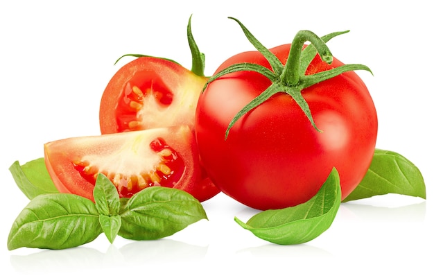 Tomates et feuilles de basilic sur fond isolé blanc