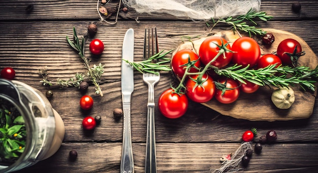 Tomates et fourchette d'herbes d'olive sur une table en bois