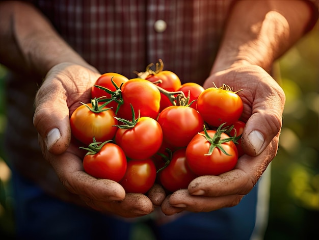 Tomates fraîchement récoltées dans la main de l'agriculteur, gros plan