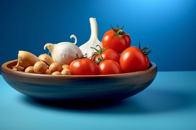 Tomates fraîches et ail sur fond bleu Nourriture végétarienne
