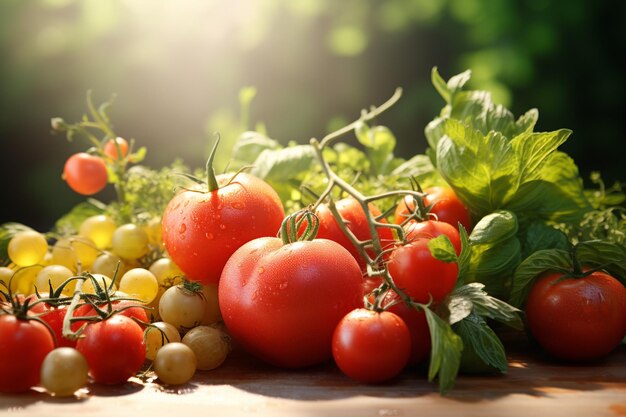 Tomates fraîches et basilic sur une table en bois dans le jardin Concept d'alimentation saine