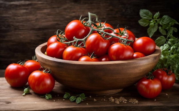 Tomates fraîches sur bol en bois