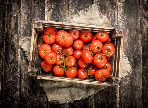 Photo tomates fraîches dans une vieille boîte