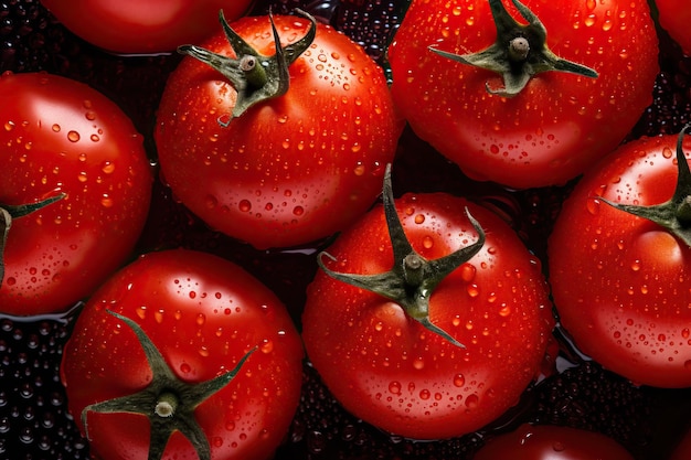 Des tomates fraîches sur un fond noir en gros plan