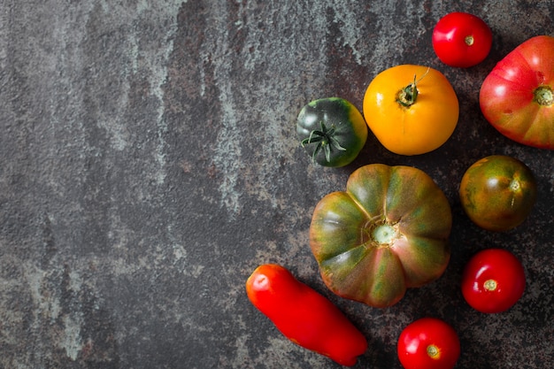 Tomates fraîches multicolores sur fond sombre.