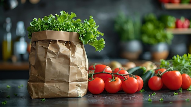 Des tomates fraîches mûres éparpillées à côté d'un sac en papier rempli de verts, de nourriture saine, d'ingrédients naturels sur un comptoir de cuisine.