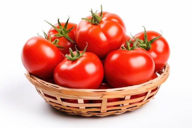 Tomates fraîches mûres parfaites dans un bol en bois en osier isolé sur fond blanc