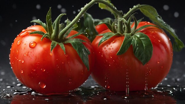 Tomates fraîches organiques rouges avec des gouttes d'eau défocalisantes