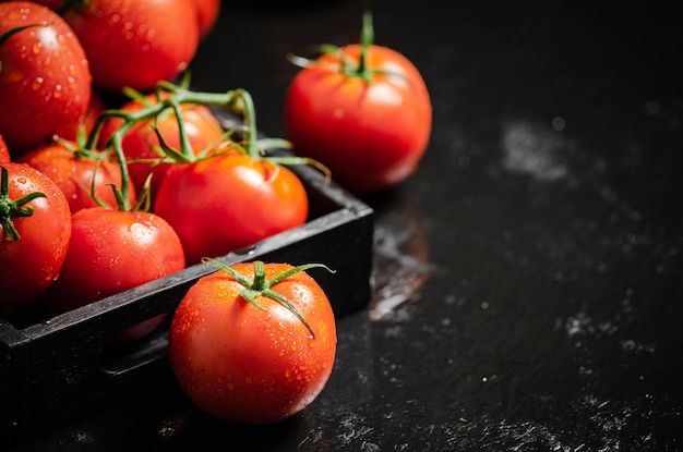 Des tomates fraîches sur une table noire.