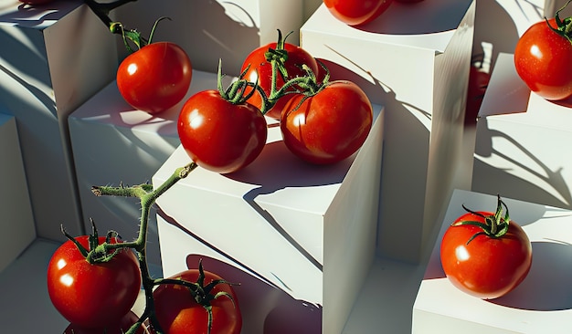 Des tomates fraîches et vibrantes au soleil naturel sur des marches blanches