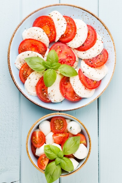 Tomates, fromage mozzarella, basilic et épices sur tableau en ardoise grise. Ingrédients de la salade caprese traditionnelle italienne. Un plat méditerranéen.