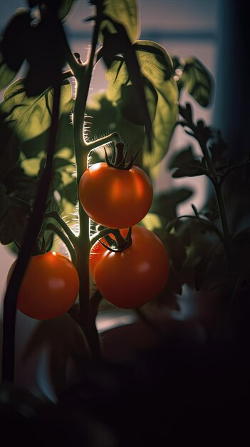 Photo tomates générées par ia poussant sur une branche dans une serre mise au point sélective