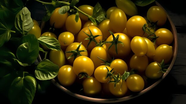 Des tomates jaunes mûres posées sur une pile l'une au-dessus de l'autre AI générative