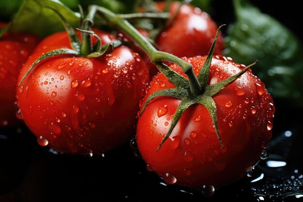 Tomates mûres de couleur rouge vif texture lisse avec des gouttes de rosée