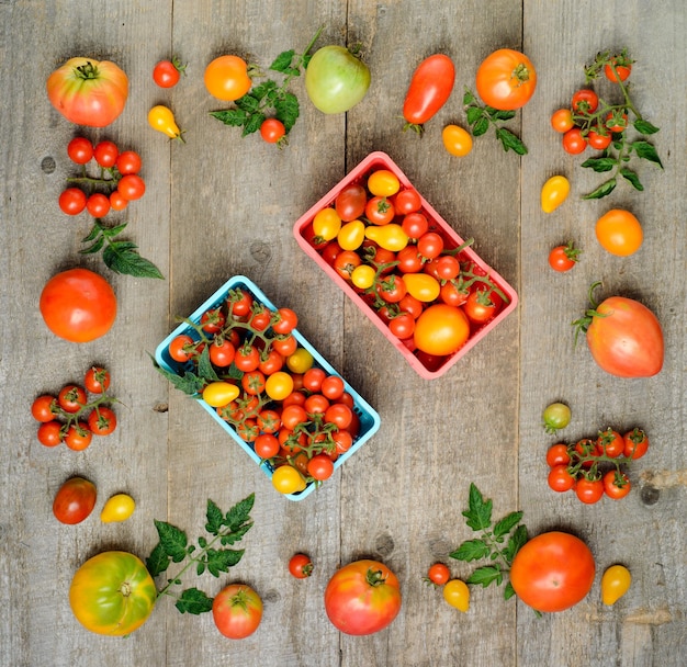 Les tomates mûres fraîches sont dans la boîte sur la vue de dessus de table en bois