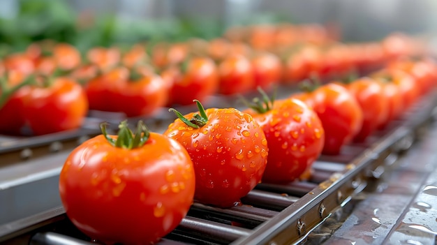 Des tomates mûres recouvertes de rosée sont transportées sur une ligne de tri automatisée.