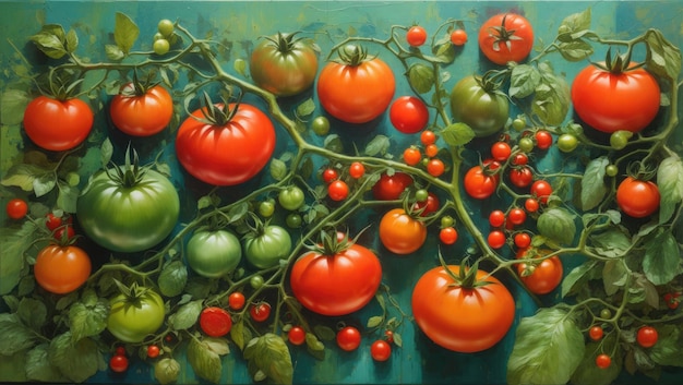 Tomates Mûres Sur Toile Verdoyante