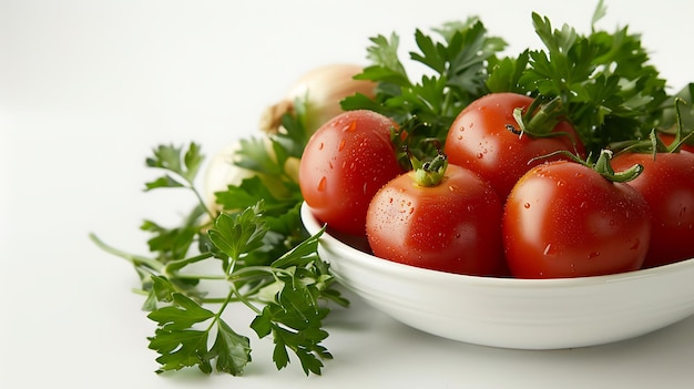 Tomates et persil dans un bol sur un fond blanc