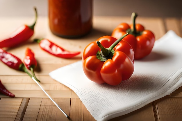 des tomates sur une planche à couper avec un couteau et une bouteille de ketchup