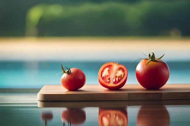 Tomates sur une planche à découper avec un lac en arrière-plan.