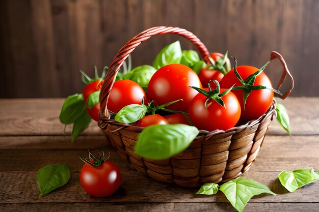 Tomates pourpres mûres présentées dans un charmant panier qui occupe le devant de la scène sur la table