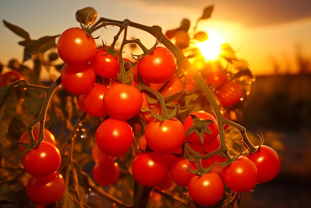 Photo des tomates poussent dans un champ luxuriant avec le majestueux soleil levant en arrière-plan.