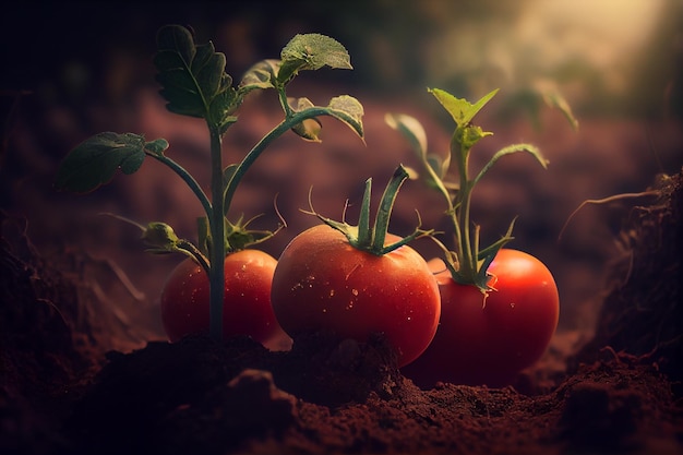 Tomates qui poussent dans le sol Contexte naturel ai générative